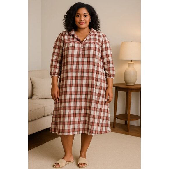 Classic Elements Woman Size 1X Nightgown Plaid Flannel Button Front Red White - Picture 9 of 11